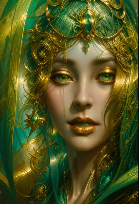 Arafed woman with a green scarf and gold jewelry, karol bak uhd, Karol Bak e Peter Mohrbacher, WLOP intrincado, Arte de fantasia hiperrealista, retrato de fantasia fosco detalhado, estilo de Karol Bak, retrato da arte da fantasia, mulher detalhada, arte do...