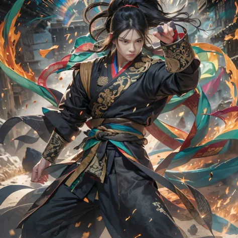 （Sunny）My eyes were full of confusion，He clenched his fists，Rush up，Deliver a fatal blow to your opponent，full bodyesbian，Full Body Male Mage 32K（tmasterpiece，k hd，hyper HD，32K）Flowing black hair，The camp is disorganized，zydink， Rainbow colors， patriot （ra...