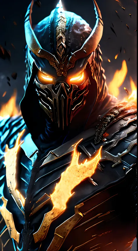 Close-up (Ghost Rider Scorpion from Mortal Kombat in Viking style: 1.3) emerging from wet black mud, extremely detailed, smoke, sparks, metal shavings, flying debris, volumetric light, 8k, high-quality