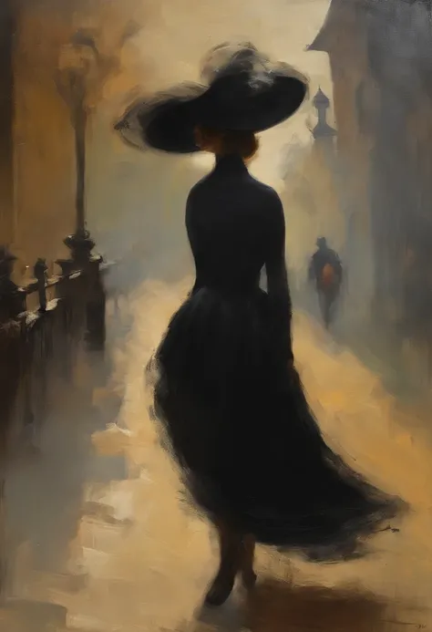 (mulher misteriosa),vestido preto,[big round black hat],(misterioso),Caminhando em frente [Ruas Antigas],Fumar charutos,("best quality:1.2"),(ultra-detalhado),(Realistic:1.37),retrato,Moody Lighting