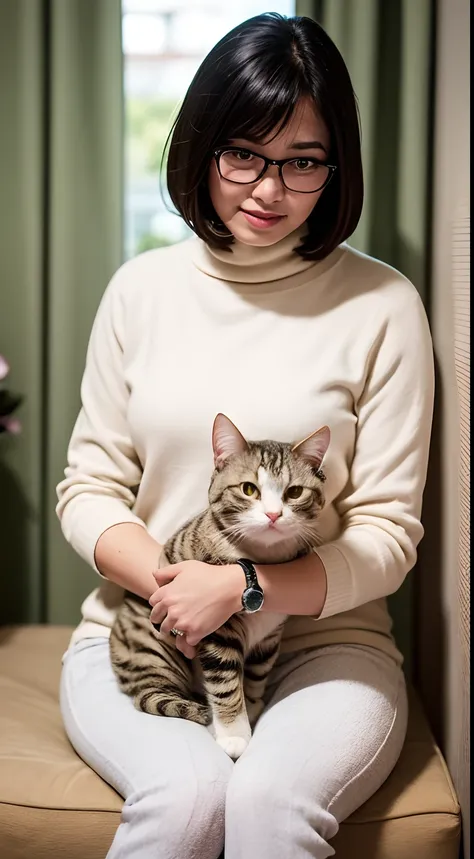 design a heartwarming scene as the young malay woman interacts with her beloved cat pet, big fluffy white persian cat, beautiful...