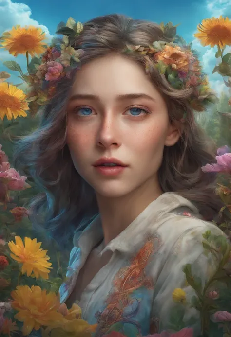 (Need)), ((tmasterpiece)), (A detailed), Close-up portrait of a transparent girl composed of mountain forest steppe,Sky rainbow background，Detailed rainbow,blue-sky，（Doubleexposure：1.3），photography of：Brandon Woelfelmist，Surreal dreams，Surrealist art fanta...