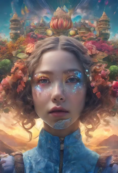 (Need)), ((tmasterpiece)), (A detailed), Close-up portrait of a transparent girl composed of mountain forest steppe,Sky rainbow background，Detailed rainbow,blue-sky，（Doubleexposure：1.3），photography of：Brandon Woelfelmist，Surreal dreams，Surrealist art fanta...