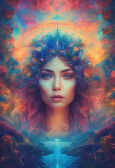 (Need)), ((tmasterpiece)), (A detailed), Close-up portrait of a transparent girl composed of mountain forest steppe,Sky rainbow background，Detailed rainbow,blue-sky，（Doubleexposure：1.3），photography of：Brandon Woelfelmist，Surreal dreams，Surrealist art fanta...