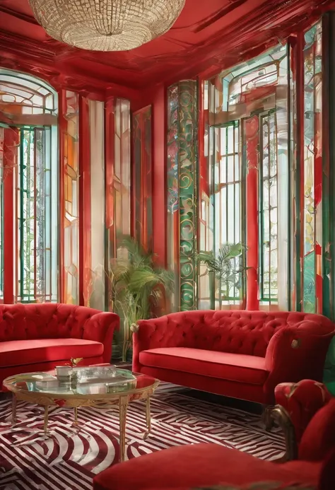 Photographie fait par un professionnelle. Real rendering, real photo. Il y a une paire de rideaux en soie rouge avec des motifs verts. Beaux rideaux. Style maison bourgeoise. Large window overlooking a living room, soft light