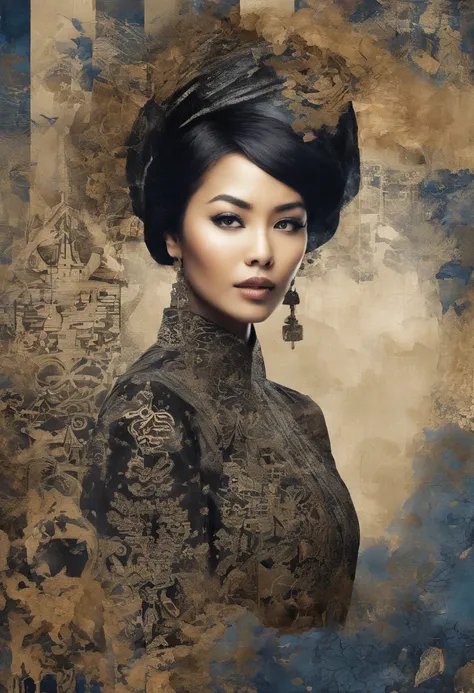 a malay woman is covered with tiny people with various acting in black, in the style of detailed atmospheric portraits, indigo and bronze, made of all of the above, social media portraiture, intricately textured, fragmented, emotive expressions,