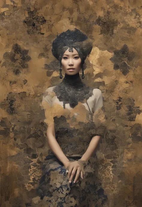 a malay woman is covered with tiny people with various acting in black, in the style of detailed atmospheric portraits, indigo and bronze, made of all of the above, social media portraiture, intricately textured, fragmented, emotive expressions,