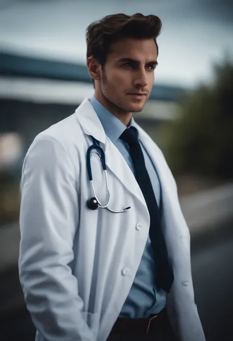 Portrait of a young male doctor wearing a white coat in a cinematic setting, with detailed facial features, cinematic lighting, 35mm lens, f/1.8, and accent lighting