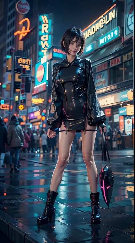 Halloween Costumes, natta, Cityscape with neon signs, Smiling smile, (NSFW), 1womanl, 独奏, 24 year old, 7headed body, (Ideal ratio body proportions), (Composition from head to thigh), erectile nipple, Sexy body, Wet, short-hair, Dark hair, small tits, A sle...