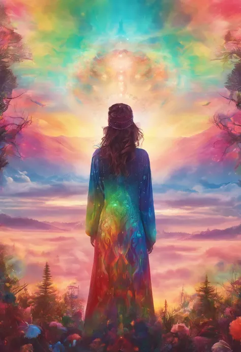 (Need)), ((tmasterpiece)), (A detailed), Close-up portrait of a transparent girl composed of mountain forest steppe,Sky rainbow background，Detailed rainbow,Blue sky rainbow，ethereal rainbows，（Doubleexposure：1.3），photography of：Brandon Woelfelmist，Surreal d...