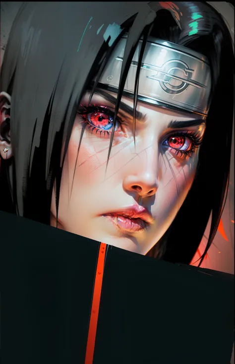 Apenas rosto, bem detalhado, Itachi aventureiro, olhos vermelhos neon,  expression serious.