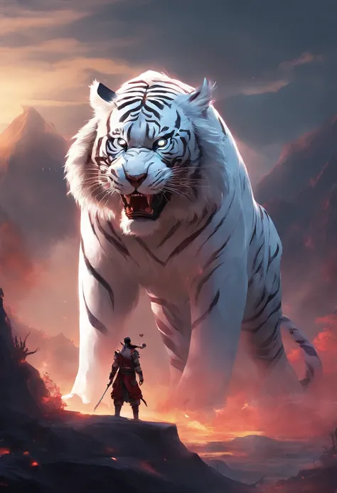 China-style，Chinese mythology，the white tiger，long fangs，（bucktooth），tosen，Ferocious，gargantuan，The eyes glow red，Glow effects，High hills，Cloud fog，the night，中景 the scene is，Full body like， highly detailed surreal vfx，oc rendered， - AR 16:9 --q 2 --s 1000