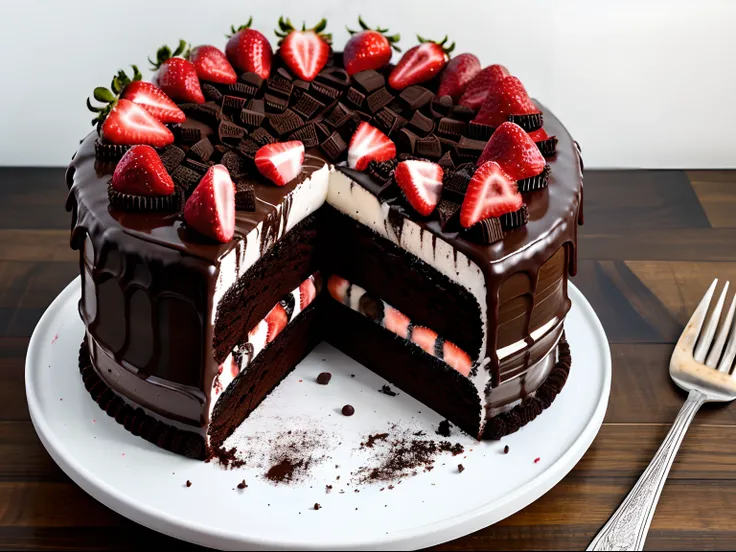 juicy chocolate cake with chocolate syrup with strawberries and icecream and oreos and m&m on top of the cake and one slice cut out