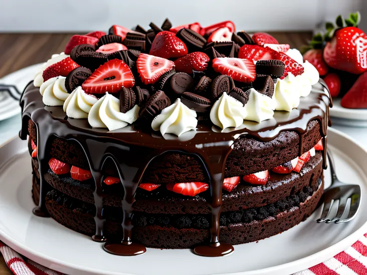 juicy chocolate cake with chocolate syrup with strawberries and icecream and oreos and m&m on top of the cake and one slice cut out