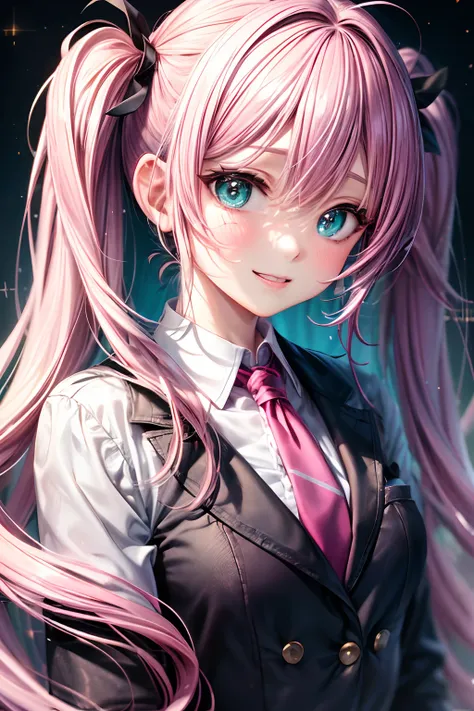 （hoang lap，hight resolution，Hyper-detailing，nffsw），tmasterpiece，best qualtiy，1girll ，Handsome，Long pink twin tail hair，A detailed face，Pink twin tails、High School Uniform、Dark blue blazer、Pink mini skirt、Pink tie、Schools，date、full body Esbian、Dimples、，Glor...