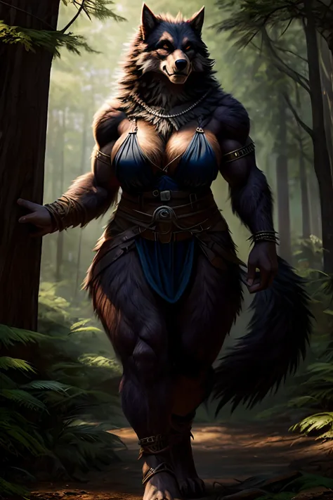 tall muscled and curvy werewolf woman with fluffy fur and wearing a revealing barbaric clothes in a forest