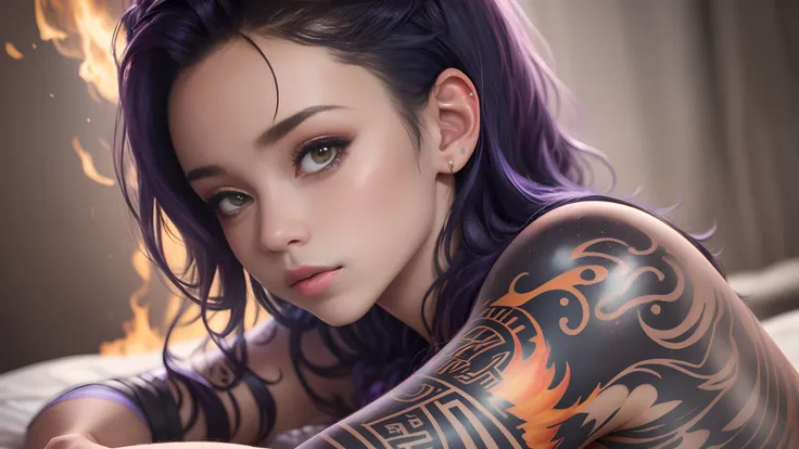 Create a super detailed Vandinia Adams，Tattoo on the arm，Neck tattoos，hyper HD， 4K image Jenna Ortega looking at the camera、film photo、电影灯光