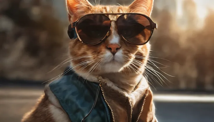 um gatinho bonito, Use uma jaqueta de estudante, wearing sunglasses, Usando fones de ouvido, Standing position, beleza abstrata, Centrado, looking at the camera, Facing the camera, nearing perfection, Dynamic, luar, altamente detalhado, pintura digital, ar...