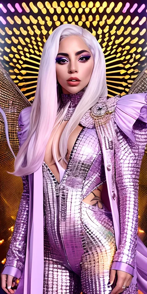 lady gaga fazendo turne chromatica com roupa de show, diamantes , futurista, cenario futurista