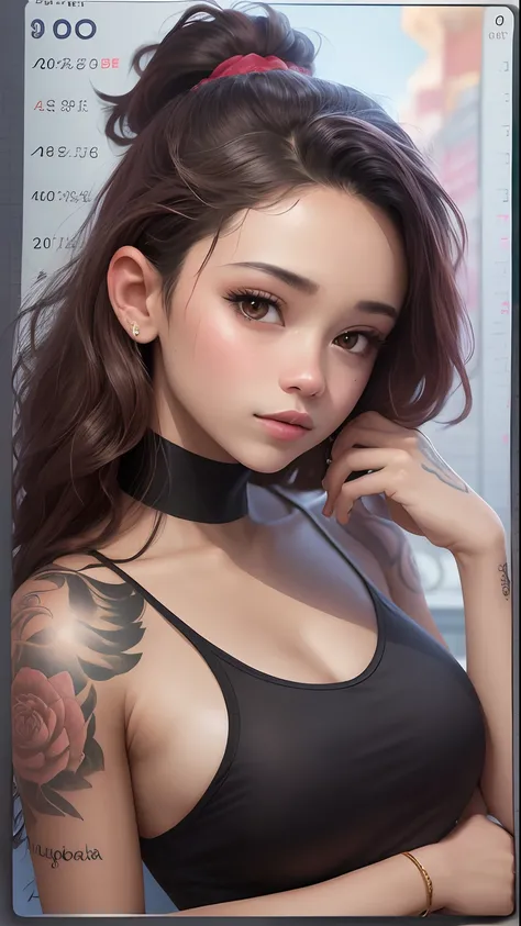 Create a super detailed Vandinia Adams，Tattoo on the arm，Tattoo on the back of the neck， 4K image Jenna Ortega looking at the camera、film photo、电影灯光，AR9:16,Vertical chart，