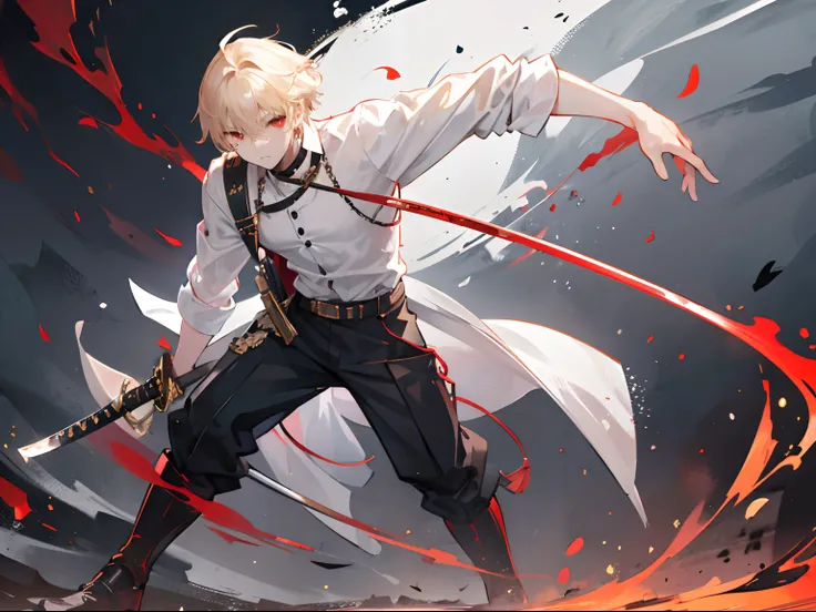 young man, messy blonde hair, short hair, masculine face, white collared short, dark pants, holding a katana, old rusted katana, facing forward, standing still, head slightly tilted, full body, glowing red eyes, hunched shoulders, facing the camera