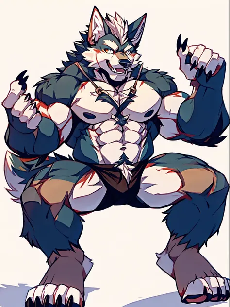 Human-wolf，musculous，Hairy all over，clawed paws，erect through