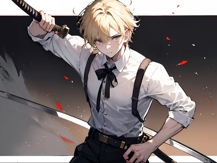 young man, messy blonde hair, short hair, masculine face, white collared short, dark pants, holding a katana, old rusted katana, facing forward, standing still, head slightly tilted, hunched shoulders, facing the camera