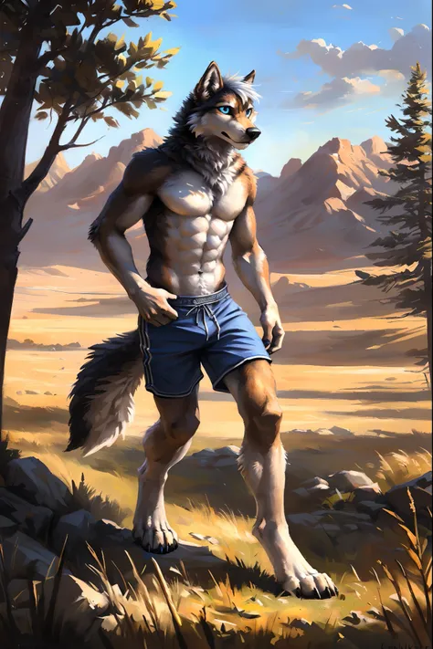 ((Solo)), male people, anthro wolf, (Multi-colored fur, White-brown:1.3，White tail pointed), ((Wolf face, White hair, Big eyes, White eyelids, Blue pupil, Slim:1.2) (Tough, Calm expression:1.2)), Abs, Slim, pinging)), (Correct anatomy), (Work shorts:1.1), ...