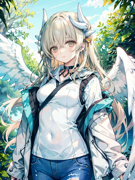 1girll, medium breasts, blonde hair, long hair, wavy hair, with gray eyes, white feathered wings, angel, outdoors, white jacket,...