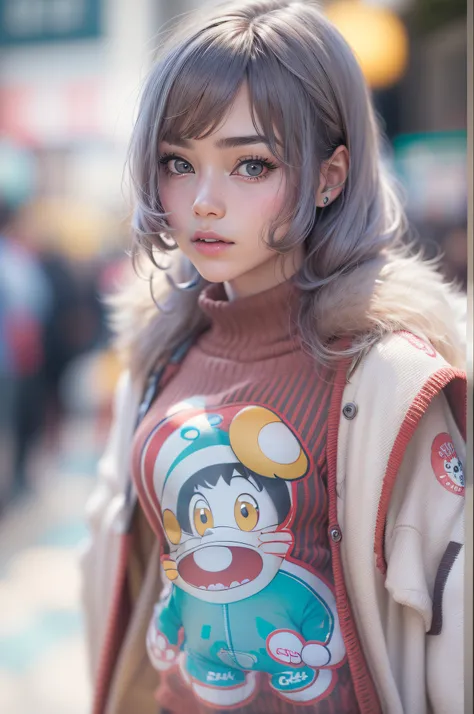 (best quality,4k,8k,highres,masterpiece:1.2),ultra-detailed,(realistic,photorealistic,photo-realistic:1.37),A girl wearing Doraemon-inspired fashion in Harajuku