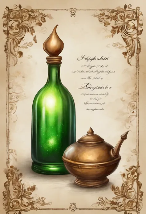 (best quality, highres, ultra-detailed, realistic:1.37), vibrant green iridescent round potion, with a sophisticated metallic bronze brodo motif, game-themed potion style, cork lid

Supplement the details：
- A potion with a vibrant green, glowing iridescen...