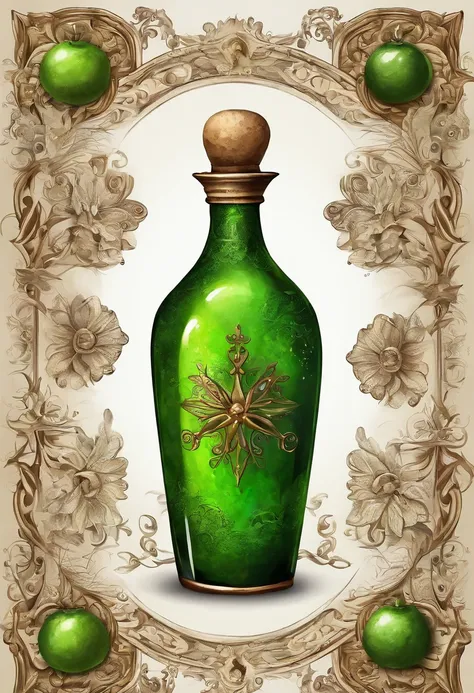 (best quality, highres, ultra-detailed, realistic:1.37), vibrant green iridescent round potion, with a sophisticated metallic bronze brodo motif, game-themed potion style, cork lid

Supplement the details：
- A potion with a vibrant green, glowing iridescen...