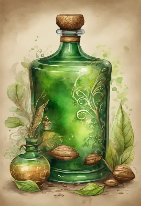 (best quality, highres, ultra-detailed, realistic:1.37), vibrant green iridescent round potion, with a sophisticated metallic bronze brodo motif, game-themed potion style, cork lid

Supplement the details：
- A potion with a vibrant green, glowing iridescen...