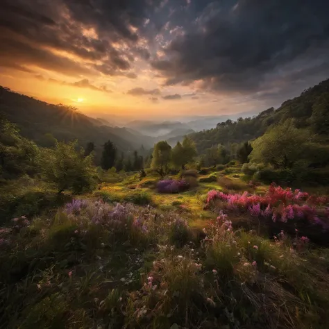 Magnificent view，Forest edge landscape photography Professional high-quality nature digital photography，Spring flowers bushes in the sunlight on a rainy day，precipice，Eau，Boulders，foggy sky，Traces of rain，Nightmare vision， Dark fantasy plot，Perfect and exc...