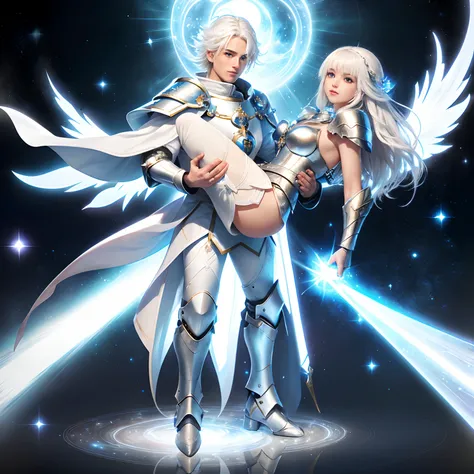 anime style, a close up of a (white light armor knight, male, white hair) holding (a woman in white outfit carry a blue crystal, pretty female cleric, female cleric, cleric, dressed like a cleric, beautiful celestial mage, female mage!) in a his body.