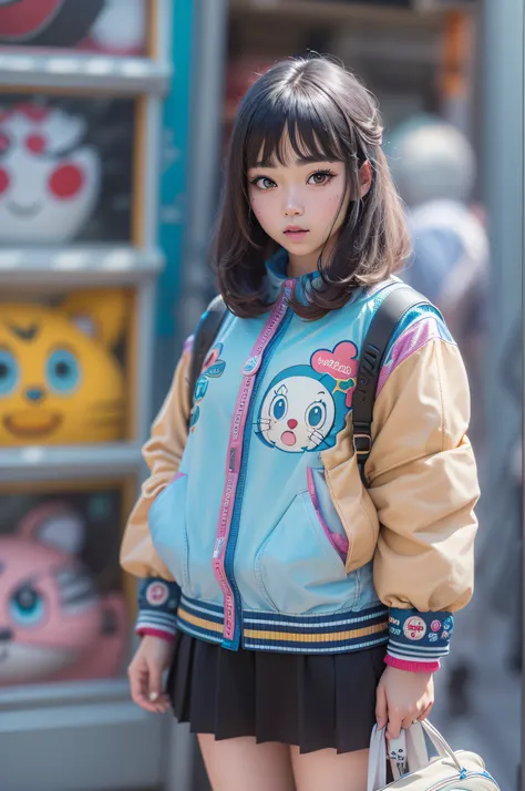 (best quality,4k,8k,highres,masterpiece:1.2),ultra-detailed,(realistic,photorealistic,photo-realistic:1.37),A girl wearing Doraemon-inspired fashion in Harajuku