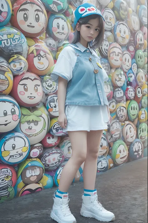 (best quality,4k,8k,highres,masterpiece:1.2),ultra-detailed,(realistic,photorealistic,photo-realistic:1.37),A girl wearing Doraemon-inspired fashion in Harajuku