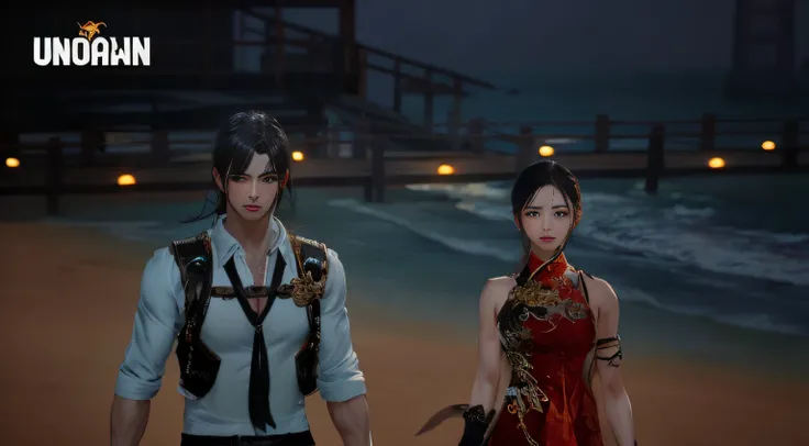 there are two people walking on a beach at night, medium shot of two characters, fashion gameplay screenshot, 8 k character details, ruan jia and brom, full body xianxia, video game screenshot>, pc screenshot, yiqiang and shurakrgt, from ncsoft, inspired b...