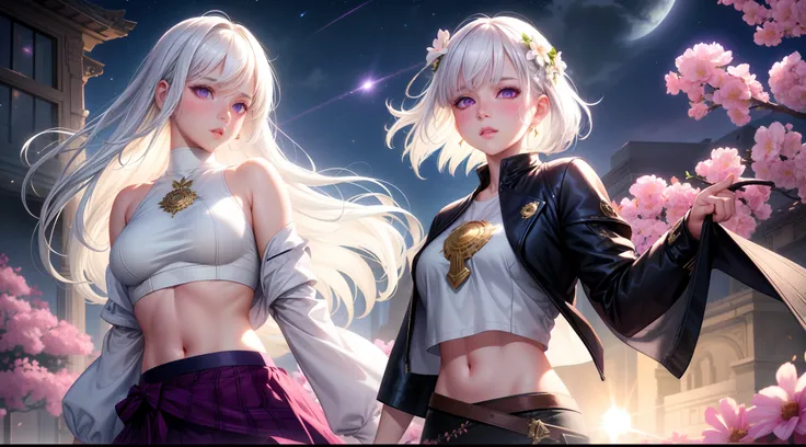 realistic, 1girl, white hair, purple eyes, glowing eyes, crop top, skirt, parted lips, blush, night, flowers, sun, sunlight,