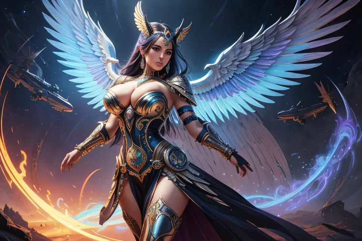 a painting of a woman with wings and a platinum dress, dynamic pose / colorful sci-fi steampunk, drawn in the style of mark arian, an aztec warrior, heavy metal artwork, icelandic busty  woman, holy cyborg necromancer girl, heavenly color scheme, pharaoh, ...