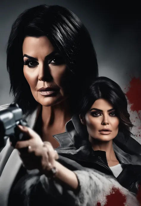 Kris Jenner holding a gun to Kylie Jenners head,painting,realistic,highres,ultra-detailed,horrifying,emotional, dark and contrasting colors, dramatic lighting, intense atmosphere, portrait,Kris with a stern and furious expression,Kylie with a terrified and...