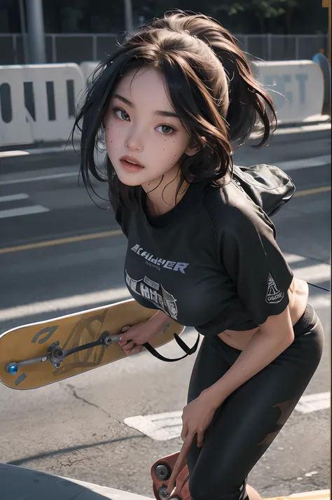 (Best Quality,8K,hight resolution,masuter piece:1.2),Ultra-detailed,Realistic:1.37,Portrait,Dynamic Angle,(Womens Skateboarder) ,Teenage girl,small head,Cute,Sporty,Charming face,Detailed beauty face,Very realistic skin,Wet skin,Sweat,Large breasts,Trained...