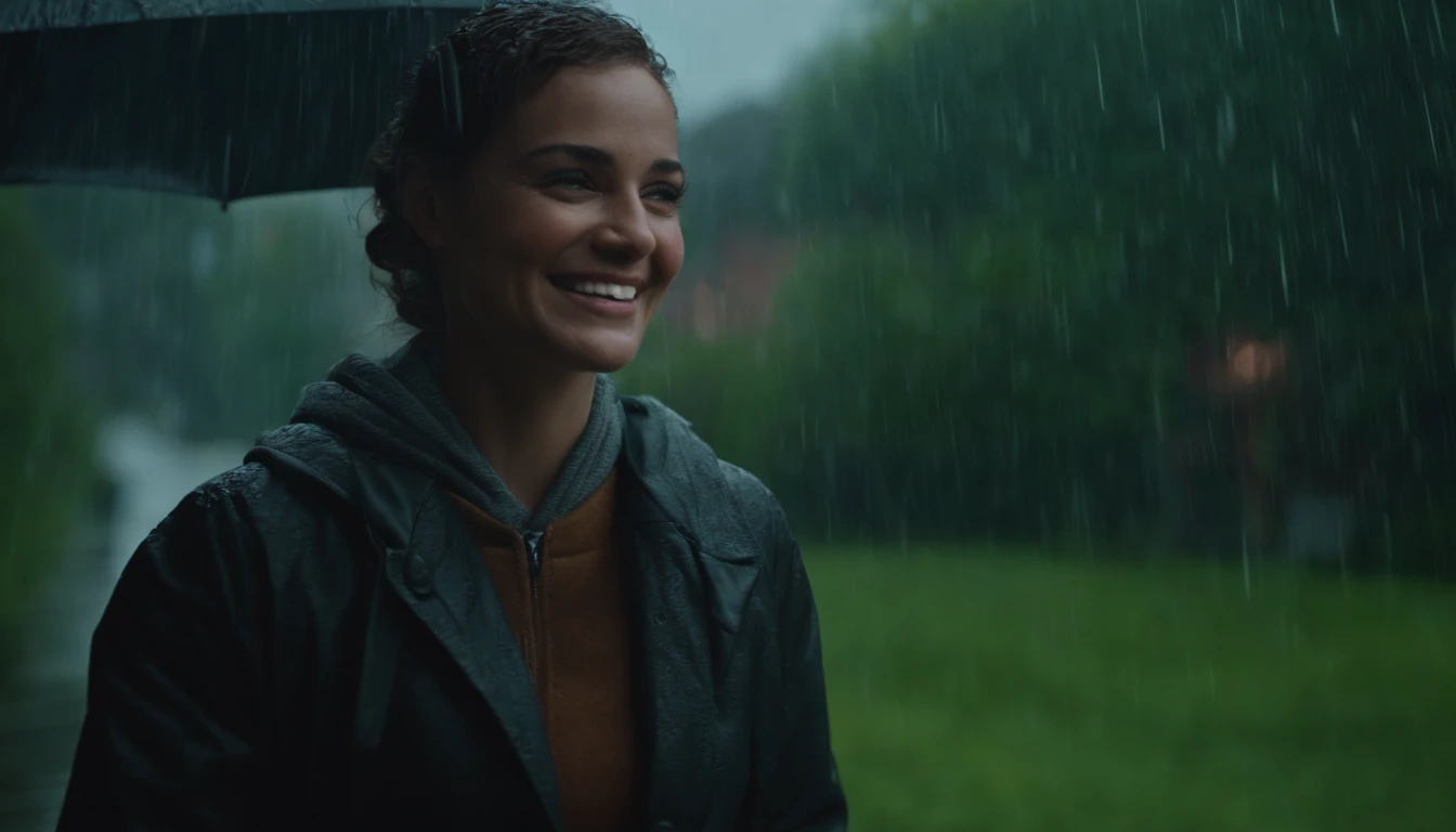 An image of a person smiling in the rain. hyperrealistic, detailed, cinematic, 8k