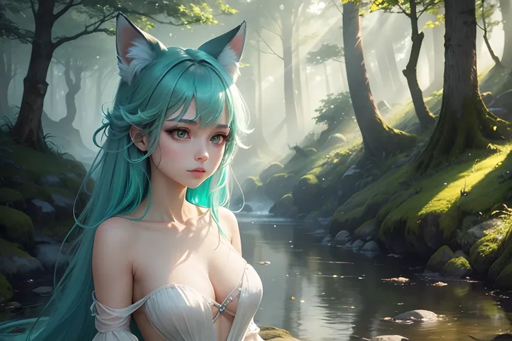 Picture a captivating character with lustrous teal-green hair cascading in elegant waves, creating a striking and mesmerizing visual. She embodies the essence of a catgirl, adorned with equally enchanting teal-green ears that gracefully frame her face. Whi...