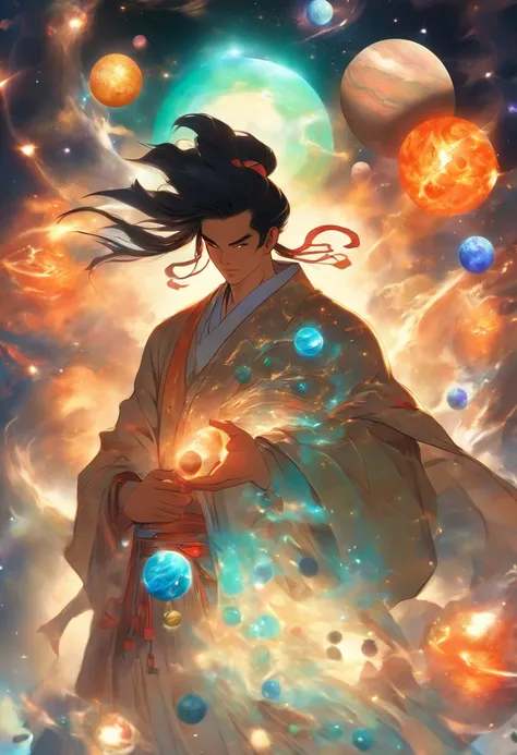 (((Chinese MAN holding planets))) Best Quality, Ultra-High Resolution, 4K Detailed CG, Masterpiece, PANGU,Giant,Black Hair,Axe,Galaxies,Universe,Chinese Mythology, Chinese Painting Style, Shui mo Hua, Thangka Style,Aesthetics, Beautiful Image, Depth of Fie...