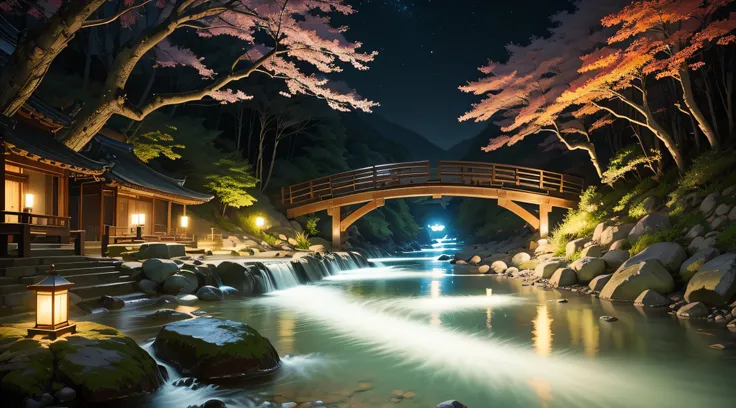 break, calm, recuperation, Heles, Scenery of Korea, night scene, A small stream flowing on the edge, candles, Scales floating in the air