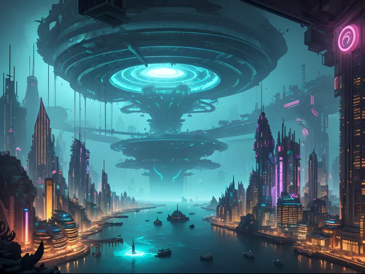 "(Underwater_City),Descend into a submerged metropolis, where the citys architecture is a fusion of sleek cybernetics and decaying ruins. The waters currents carry whispers of a forgotten past, while the neon lights and holographic projections hint at a vi...