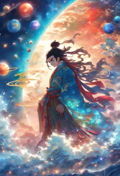 (((Planet on the Back))) Best Quality, Ultra-High Resolution, 4K Detailed CG, Masterpiece, PANGU,Giant,Black Hair,((Chinese MAN holding planets)),Galaxies,Universe,Chinese Mythology, Style of Chinese Painting, Shui mo Hua, Thangka Style,Aesthetics, Beautif...