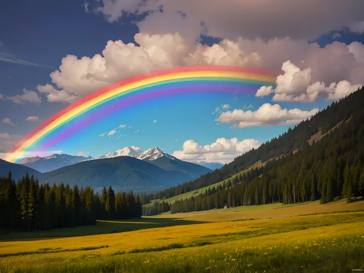 Masterpiece rainbow，hdr，Volumetriclighting，（The subject：1.3），Valley mountain forest，Prairie rainbow，（Portrait people：1.3）