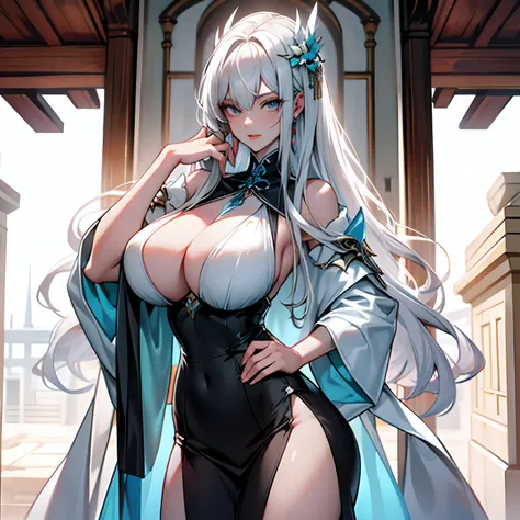 Meet her outside the door of the cultivation hall，She has a cold and elegant appearance，One royal sister，White clothes and white hair，Tall and fleshy body，Sexy and hot，Plump breasts stand up，gigantic cleavage breasts，The corset opens，Large areas of milk me...